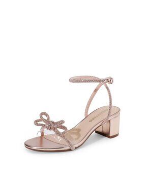 Double Bowknot Crystal Sandals Low Chunky Heel Slingback Dress Shoes Wedding